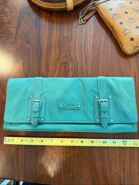 Tumi Teal Leather Buckle Clutch